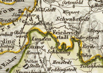 Detail from 1856 map of Denmark [and Schleswig-Holstein].