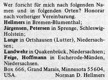 Advertisement from the "Familienkundlichen Nachrichten."