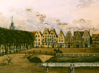 An artist's view of Friedrichstadt's market square in 1847.