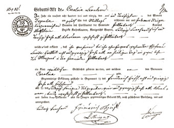 Civil birth record of Carolina Leonhard, 1843.