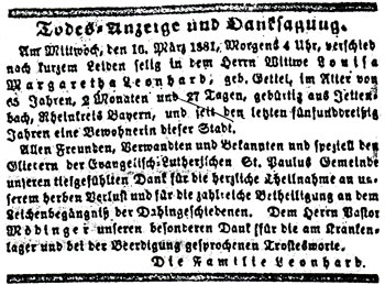 Death notice from the Tägliche Deutsche Zeitung.