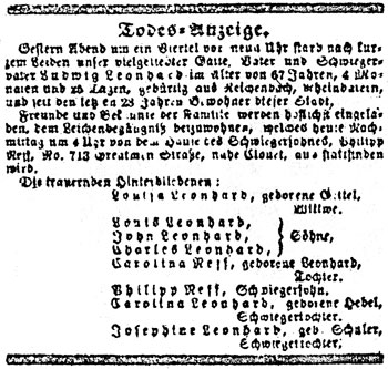 Death notice from the Tägliche Deutsche Zeitung.